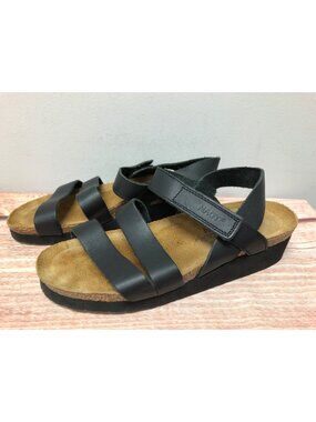 Naot Kayla Black Leather Ankle Strap Low Wedge Sandals Womens 37 /6 (8k24)
